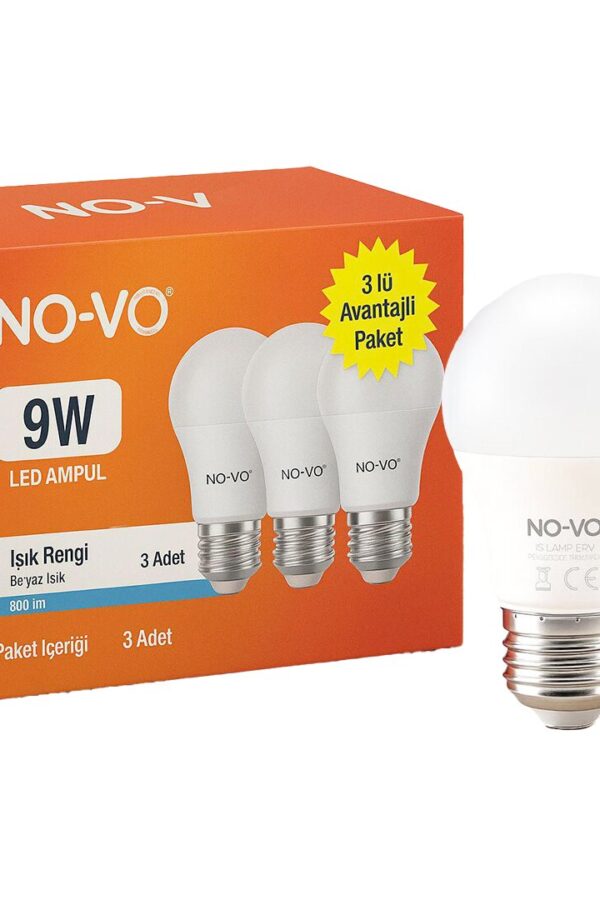 NO-VO 3LÜ ANTAJ PAKET 9W BEYAZ LED AMPUL E27 806LM 6500K 15.000 SAAT ÖMÜR