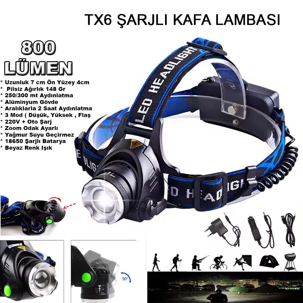 800 Lümen Tx6 Şarjlı Zoomlu Kafa Feneri Wt-120