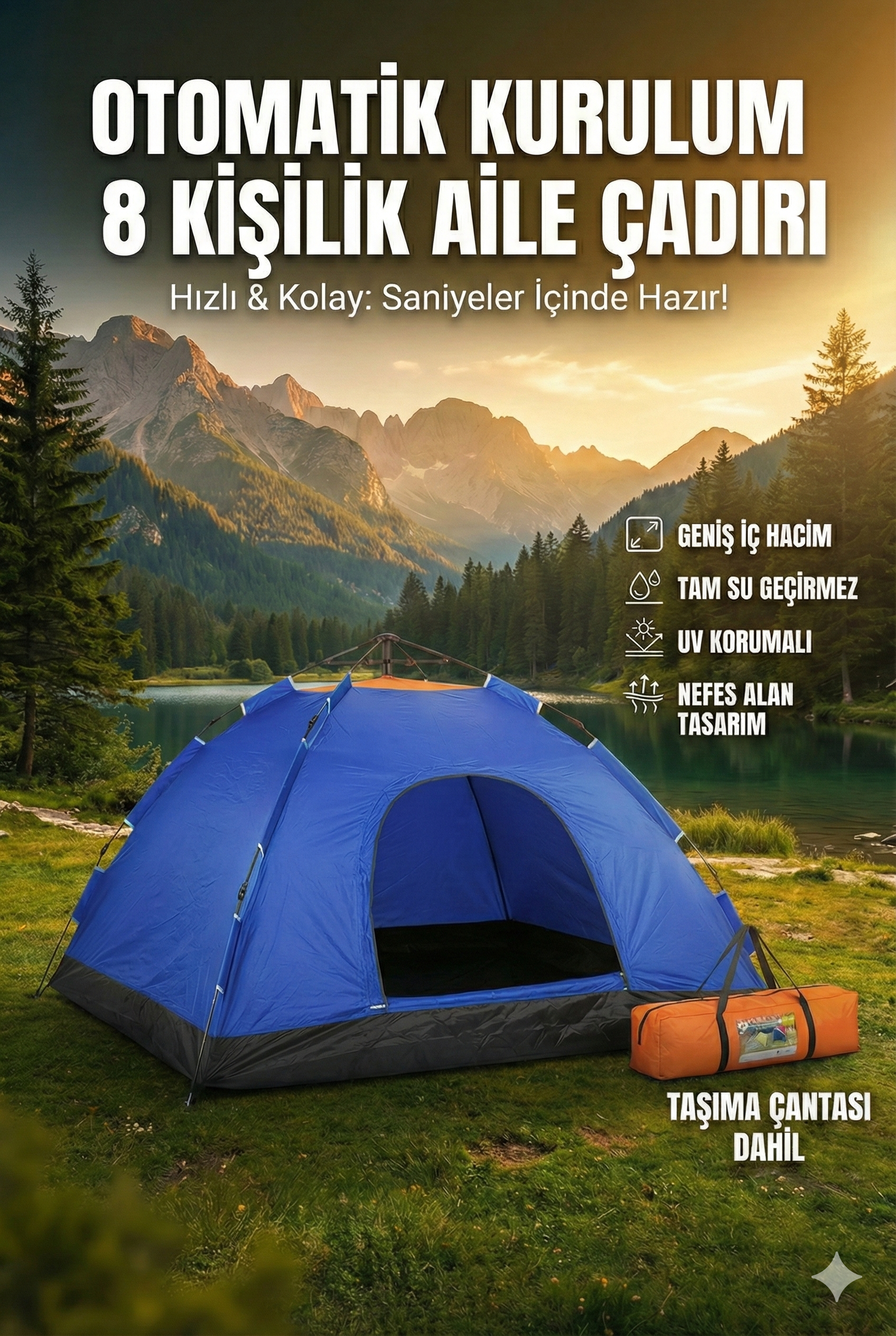 Otomatik Kurulumlu Kamp Çadırı 8 Kişilik (250x250x165) cm - Görsel 2