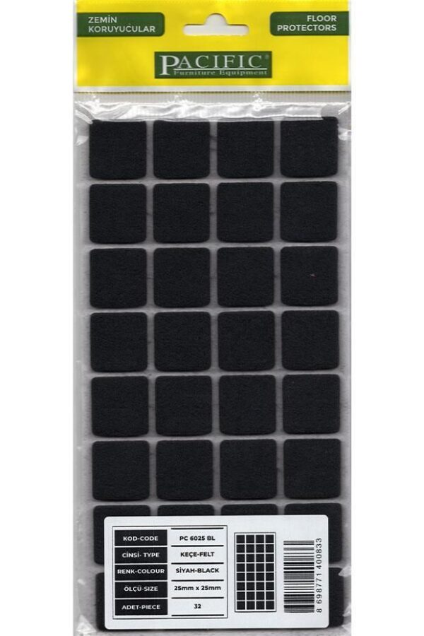 Pacific 6025 BL Yapışkanlı Keçe 25 mm X 25 mm Siyah