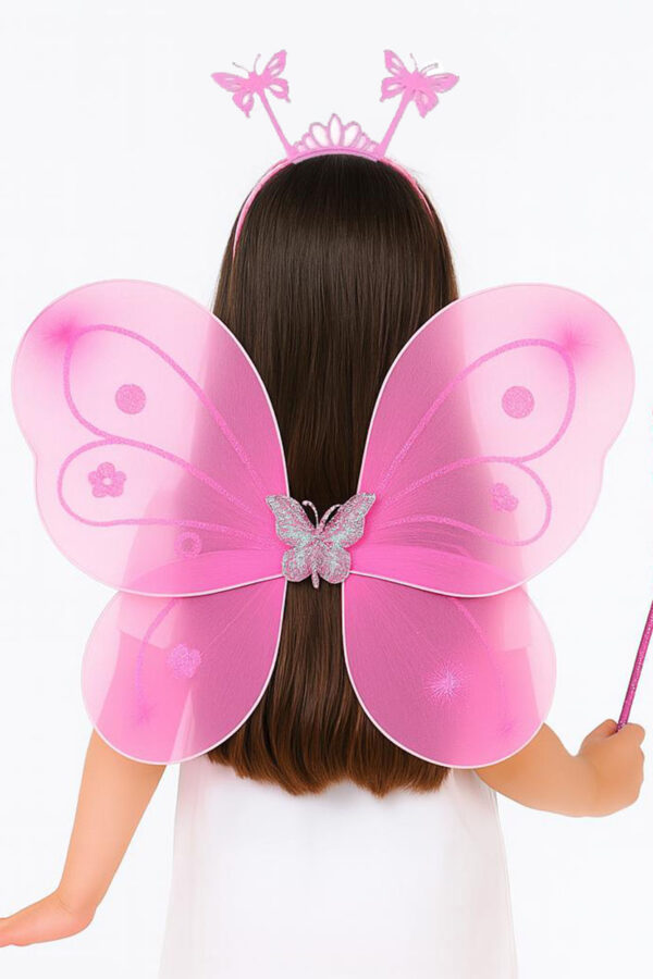 Pembe Kelebek Kız Seti – 50 cm Kelebek Kanadı, Taç ve Asa