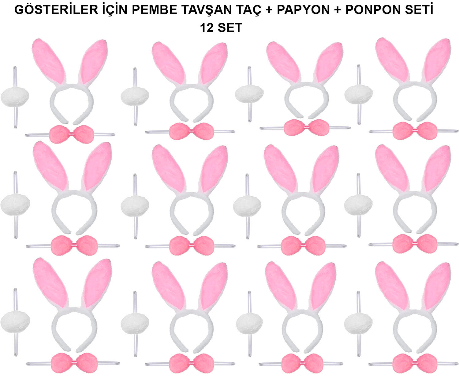 Pembe Tşan Kostüm Seti – Taç, Papyon, Ponpon (12’li Paket)