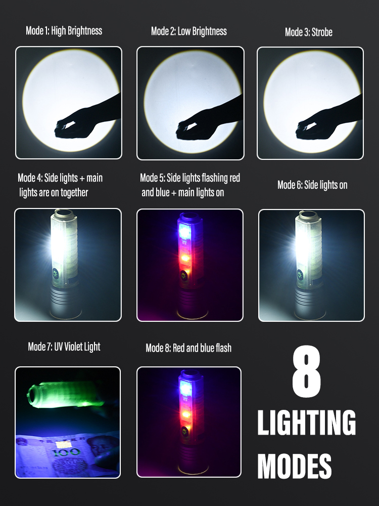 Profesyonel TG LED Güçlü 8 Modlu Type-C 1000 Lümen Polis Çakarlı Şarjlı - Görsel 5