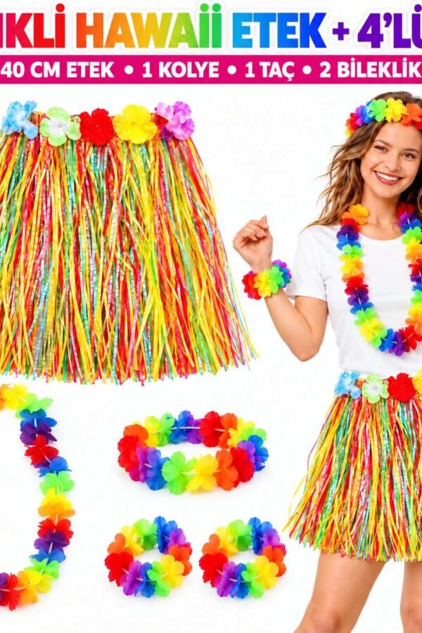 Renkli Hawaii Etek 40 cm ve 4’lü Hawaii Seti
