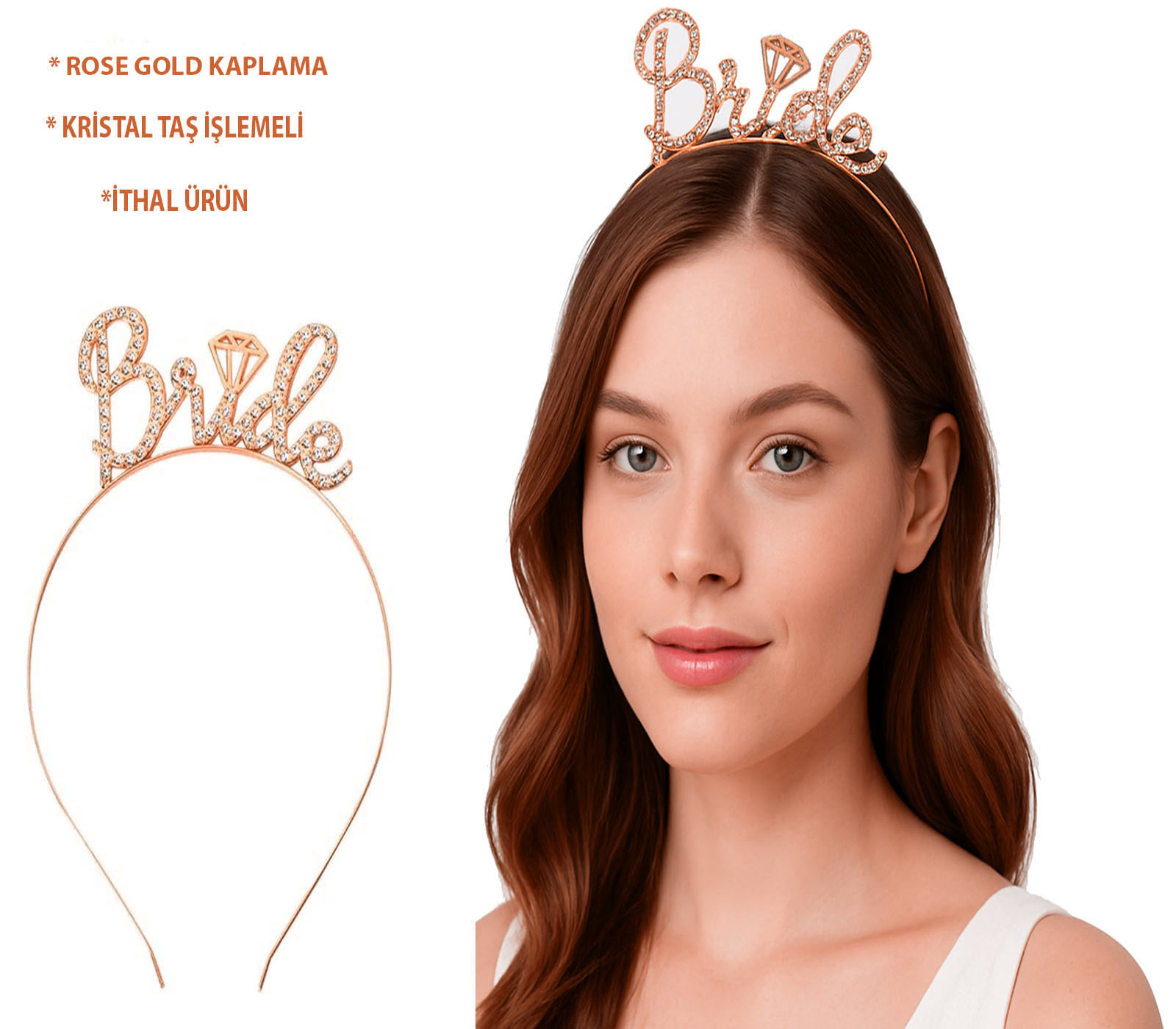 Rose Gold Renkli Taşlı “Bride” – El Yazısı Yazı Tipiyle