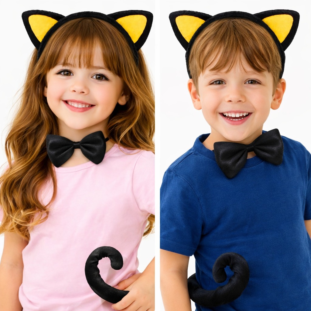 Sarı Kulaklı Kedi Kostüm Seti – Taç Papyon Kuyruk 3 Parça - Görsel 2