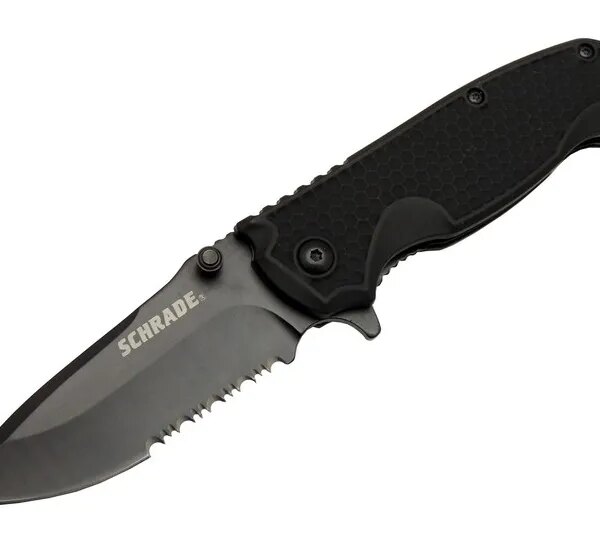 Schrade 5-1 Siyah Kamp Çakı 20cm- Yarı Otomatik, Testere Detaylı, Kemerlikli