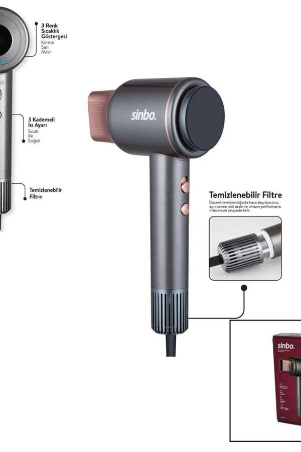 SİNBO SHD-1717 BLDC TURBO MOTOR TOKMAK MODEL SAÇ KURUTMA MAKİNESİ 1600W 2-KDM.HIZ 3-KDM.SICAKLIK YAPIŞKANLI ASKI