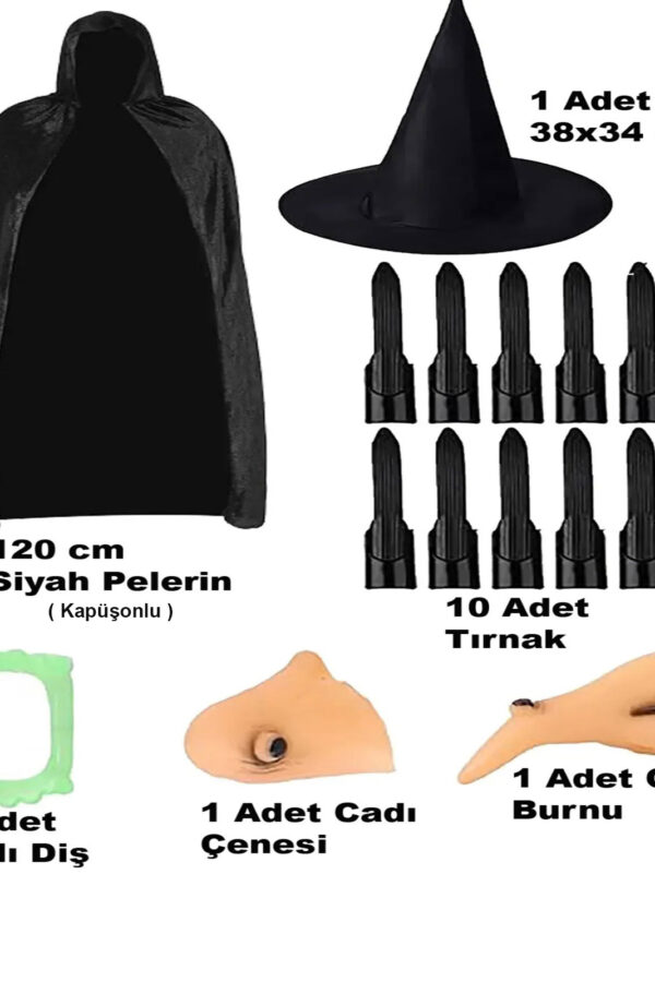 Siyah Kapüşonlu Pelerin 120 cm Tırnaklar Diş Çene B ve  Seti