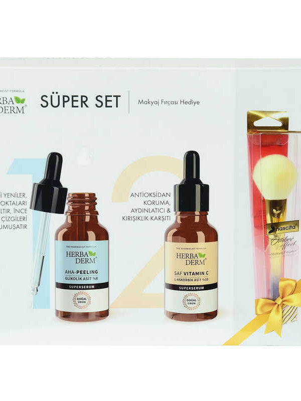Süper Set Superserum Aha-Peeling 30 ML + Saf min C 30 ML +  Makyaj Fırçası