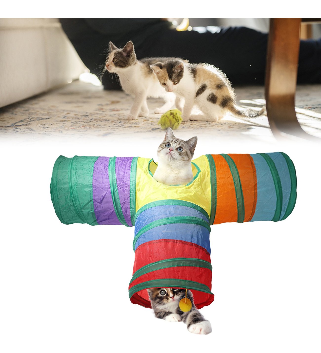 Gökkuşağı Desenli T Model Kedi Oyun Tüneli, Katlanabilir 50 x 75 cm - Görsel 3