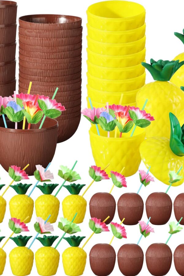 Tropikal Parti Bardak Seti – Ananas ve Hindistan Cevizi Şekilli Pipetli Bardaklar (20 Adet)