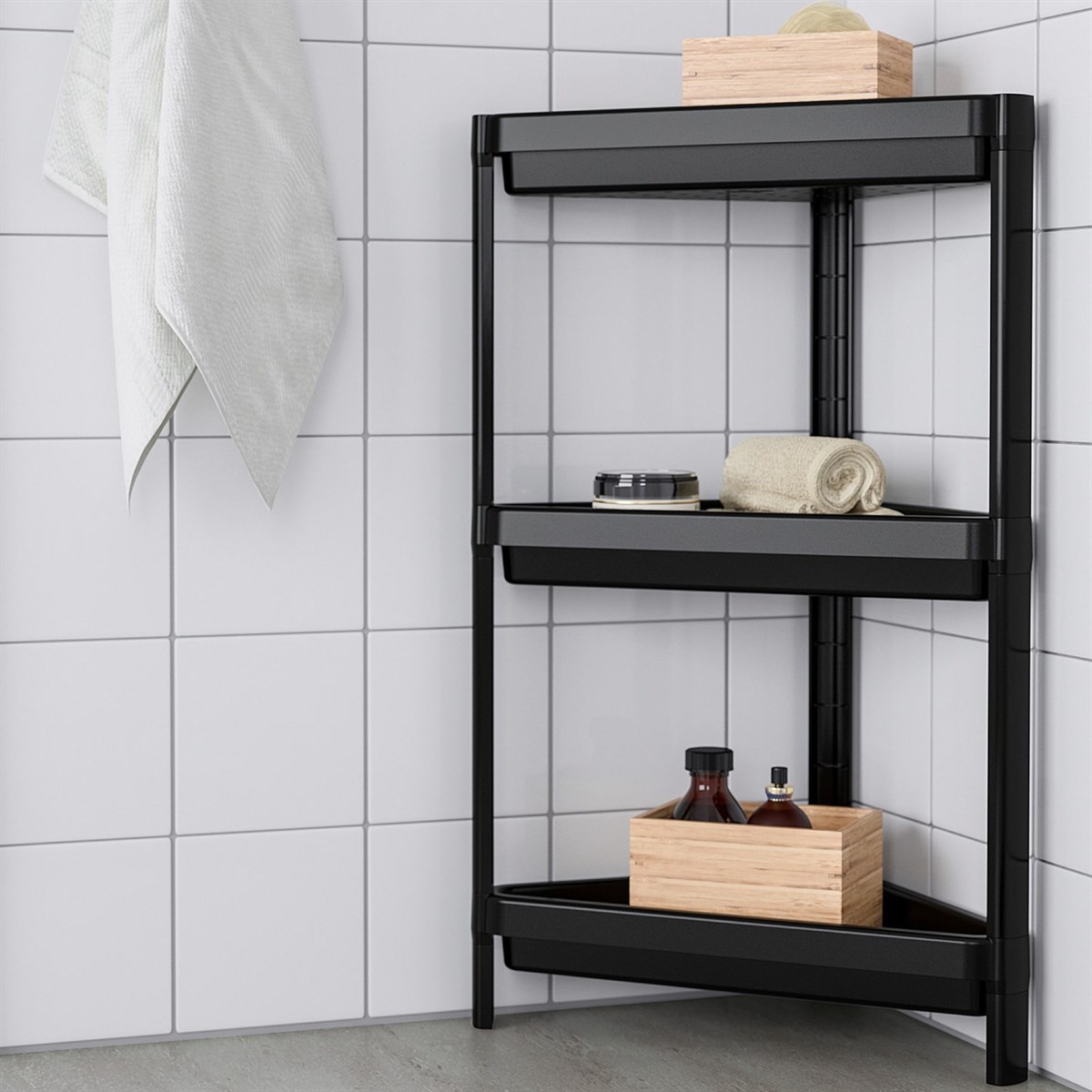 Üçgen 3 Katlı Raf Ünitesi - - Banyo Depolama Rafı - Beyaz - Görsel 2