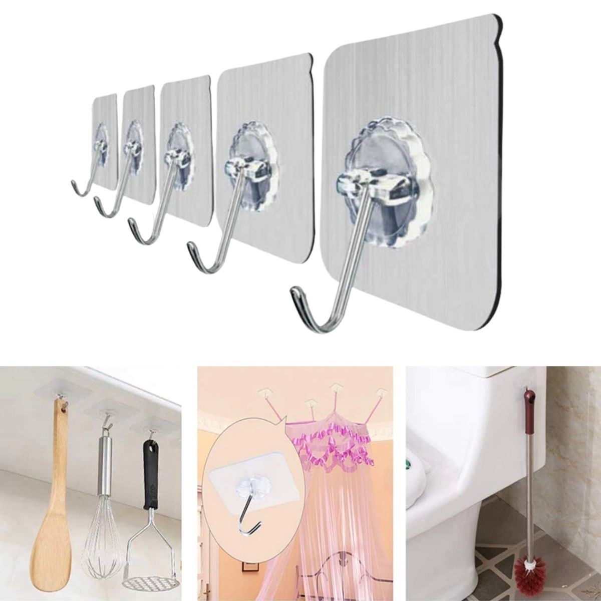 10'lu Şeffaf Kendinden Yapışkanlı Güçlü Askı sı, Banyo Organizer, İz Bırakmaz Pratik Askı - Görsel 2