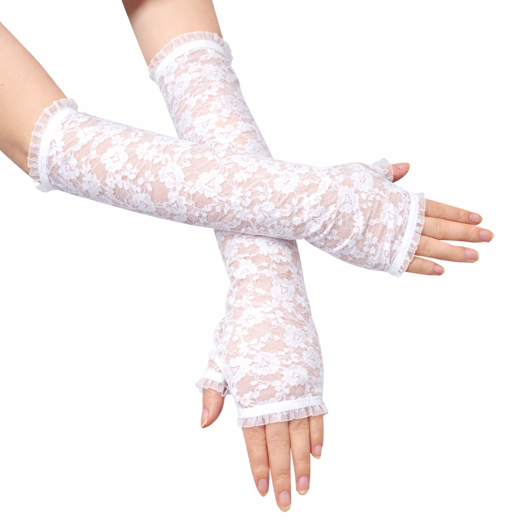 Uzun Zarif Dantel Eldiven Parmaksız Beyaz 35 cm - Görsel 2