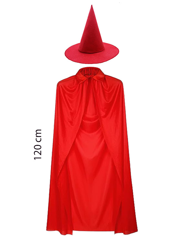 Yetişkin Boy 120 cm Kırmızı Yakalı Pelerin ve Kırmızı Cadı sı
