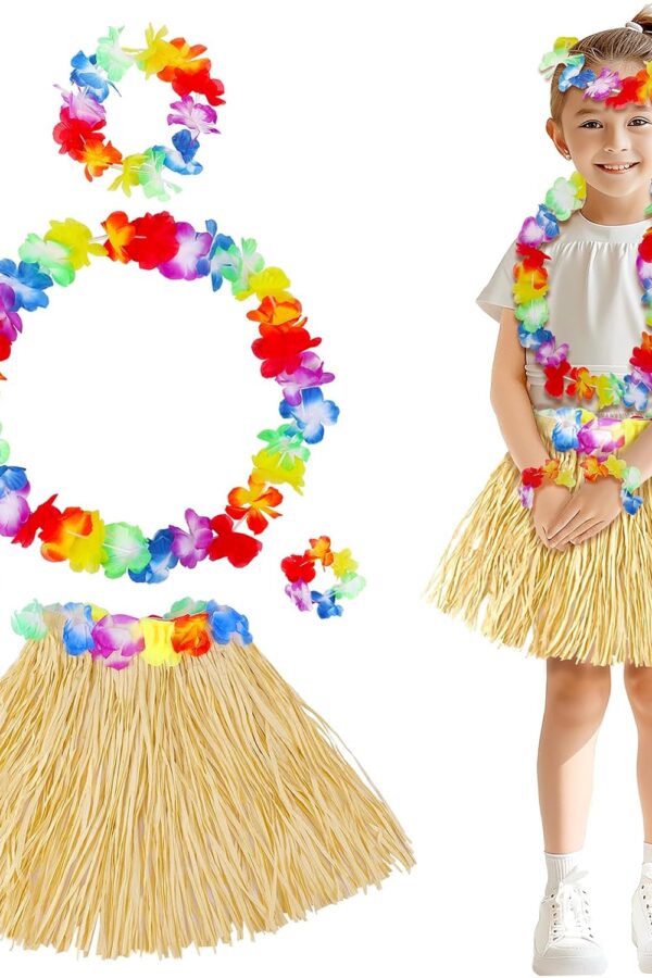 Yetişkin Çuk Hawaii Parti Seti - 40 cm Naturel Etek + Çiçek Aksesuarlar (5 Parça)