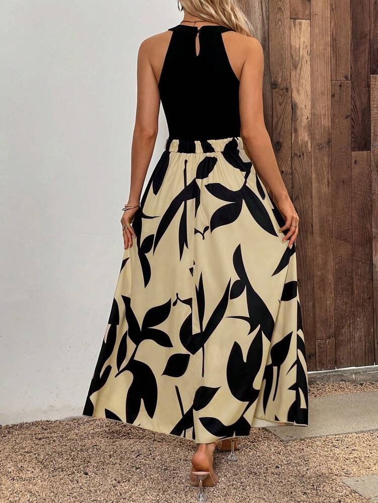 Kadın Sıfır Kollu Yakadan şeritli Omuzlardan Açık Janjan Krep Desenli Al Dalgıç Maxi Elbise - Görsel 3