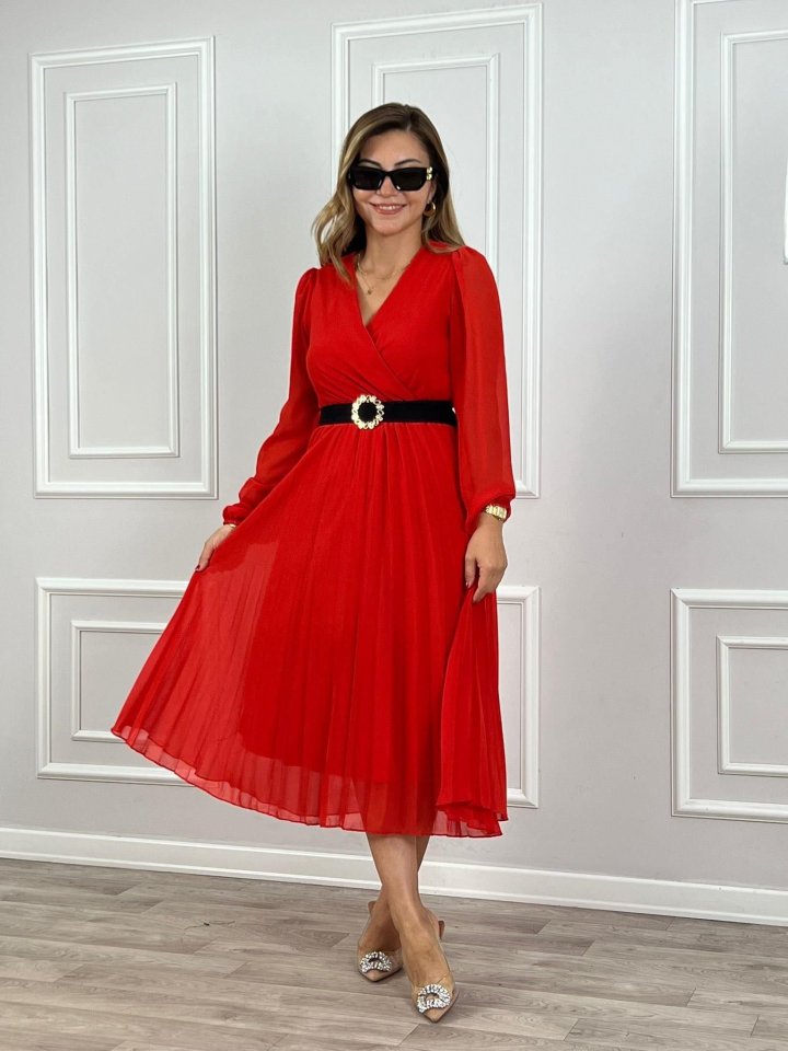 Kadın şifon Kumaş Astalı Kloş Kesim Kruvaze Yaka Midi Boy Elbise - Görsel 2