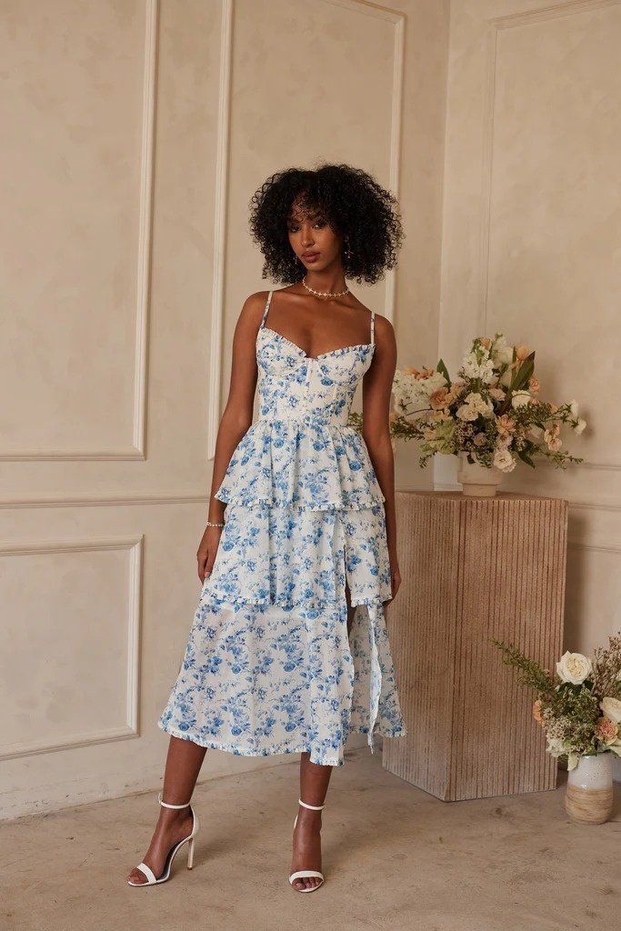 Kadın Sıfır Kol Askılı Dekolteli Yırtmaç Detay çiçek Baskılı Süprem Midi Elbise - Görsel 5