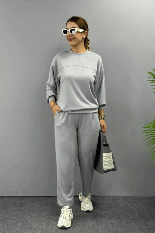 Kadın Uzun Kollu Bisiklet Yaka Viskon Iki Iplik Bluz Ve Pantolon Ikili Takım