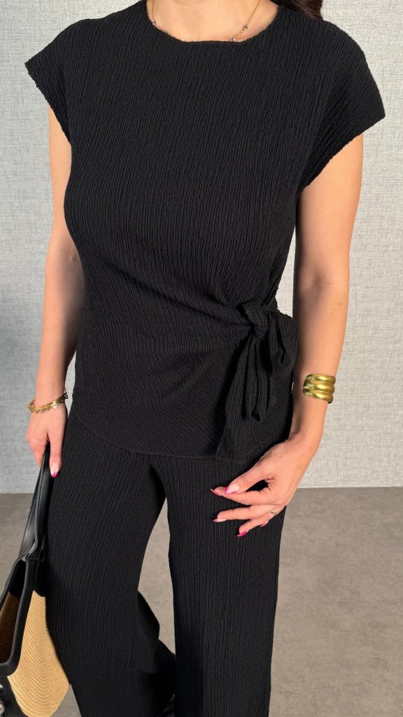 Kadın Kısa Kollu Bisiklet Yaka Yandan Bağlamalı Bürümcük Bluz Ve Pantolon Ikili Takım - Görsel 5