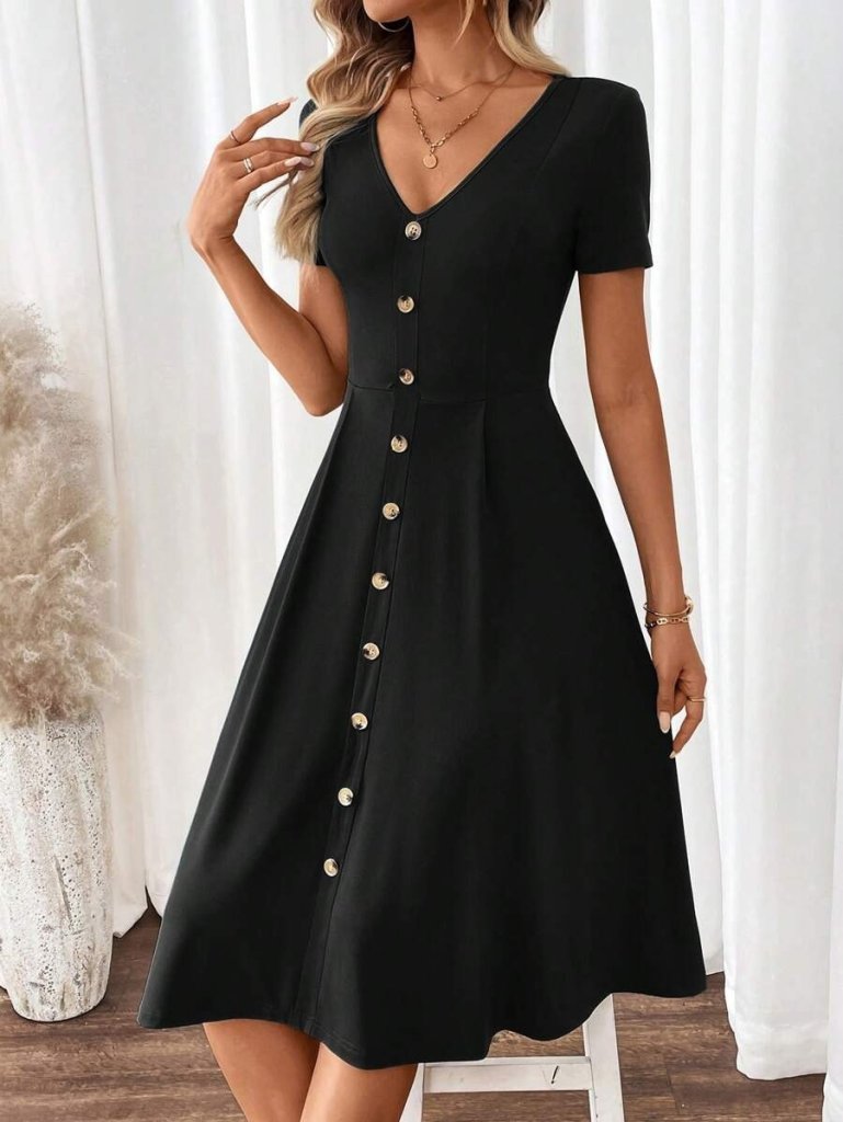 Kadın Kısa Kollu V Yakalı önden Düğmeli A Kesim Dokuma Elbise - Görsel 7