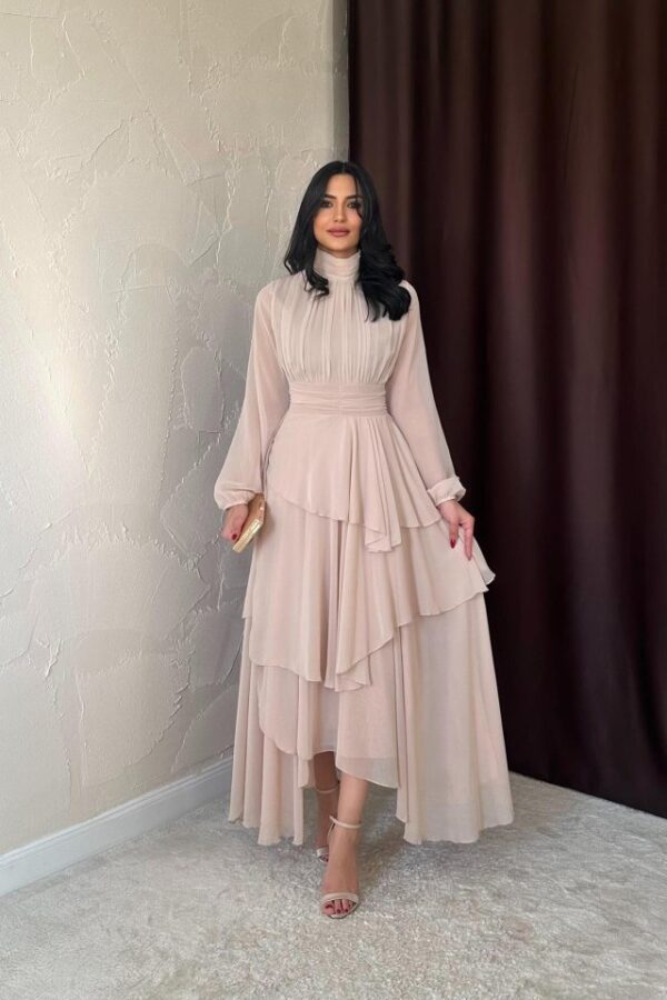 Bej Bel Detaylı Elbise