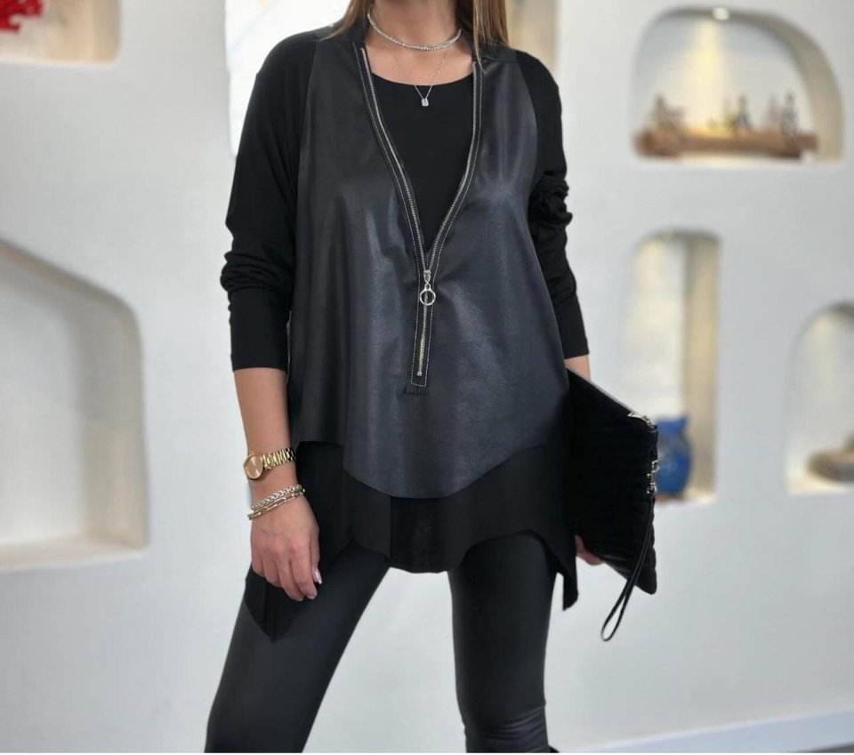 Kadın Uzun Kol Asimetrik Kesim Viskon Bluz Ve çatlak Deri Görünümlü Fermuar Detaylı Yelek Ikili Takım - Görsel 2