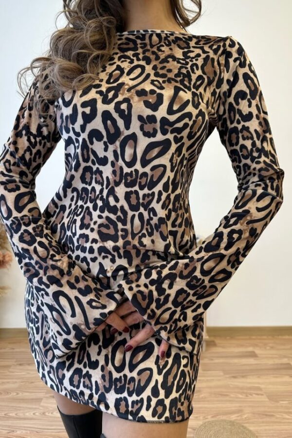 Kadın Uzun Kollu Kayık Yaka Leopar Baskılı Mini Elbise