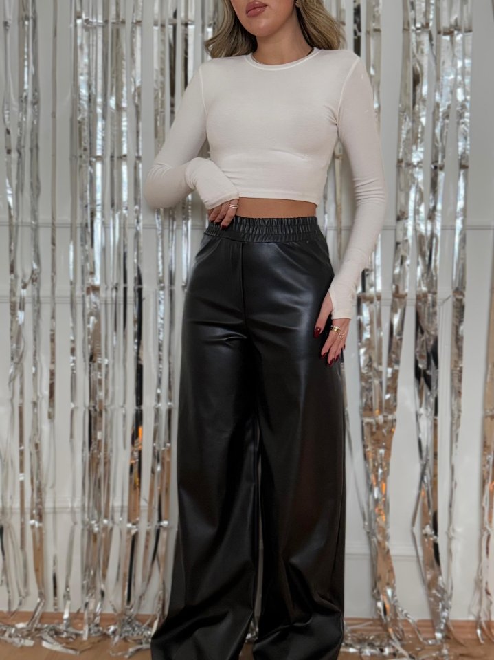 Kadın Yılbaşı özel Yüksek Bel Beli Lastikli Geniş Paçalı Deri Pantolon - Görsel 4