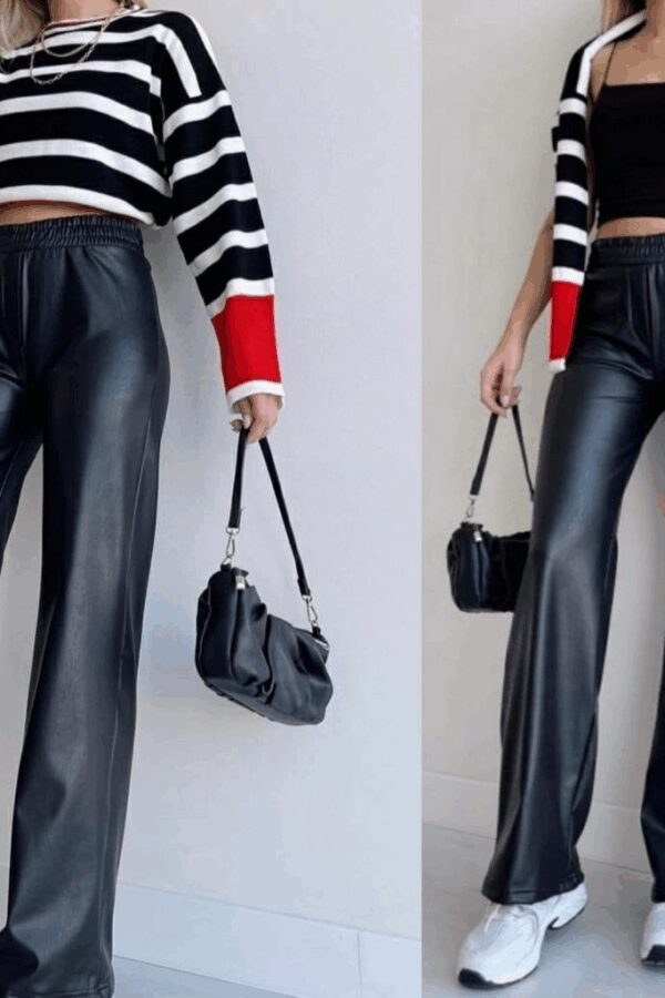 Kadın Yüksek Bel Beli Lastikli Geniş Paçalı Deri Pantolon