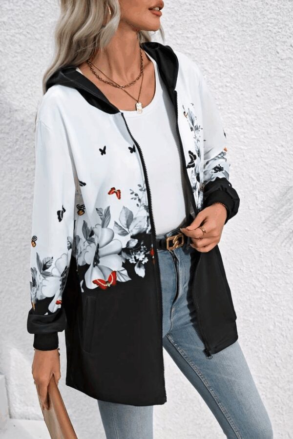 Kadın Uzun Kollu Kapşonlu Fermuarlı çiçek-kelebek Desenli şardonlu Dalgıç Ceket