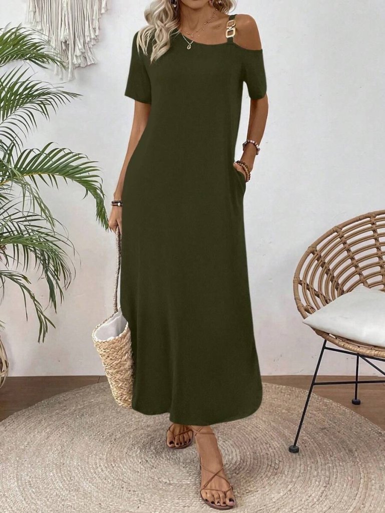 Kadın Tek Omuzdan Açık Toka Detaylı Yandan Yırtmaçlı Maksi Boy Viskon Elbise - Görsel 8