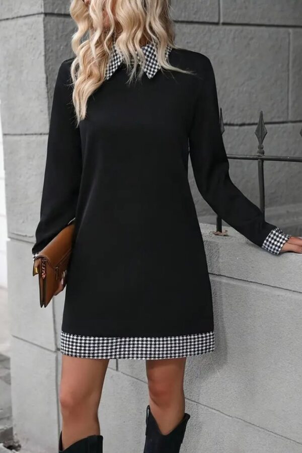 Kadın Uzun Kollu Yakalı Köpek Dişi Detaylı Kısa Ithal Krep Elbise