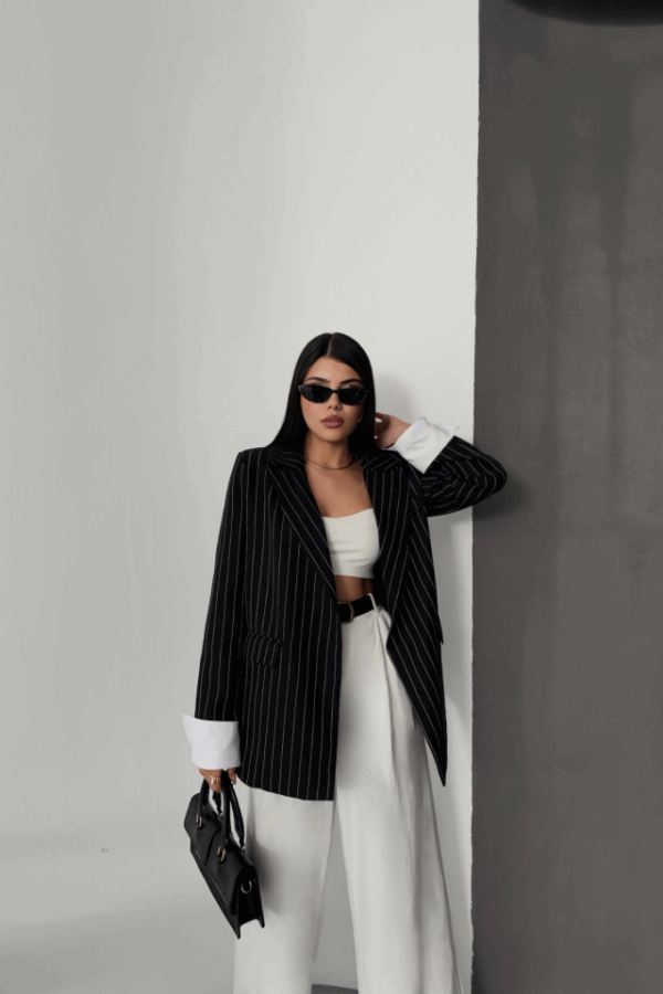 ÇİZGİLİ CEKET TEK DÜĞME EKRU MANŞET - Siyah