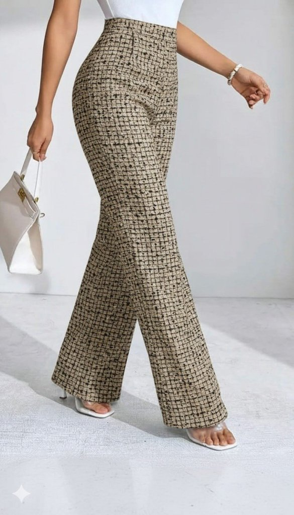 Kadın Yüksek Bel Paçaya Doğru Geniş Dokuma Pantolon - Görsel 18