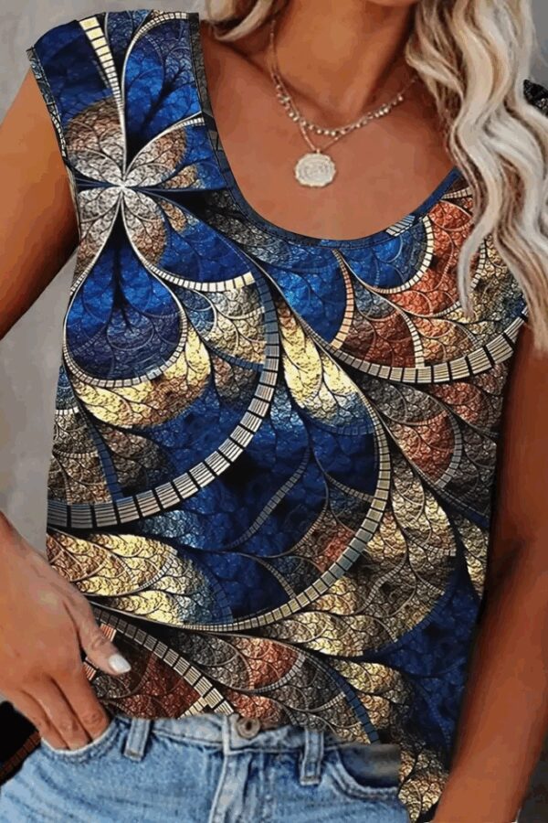 Kadın Sıfır Kol Yuvarlak Yaka Karışık Renkli Baskılı Süprem Bluz