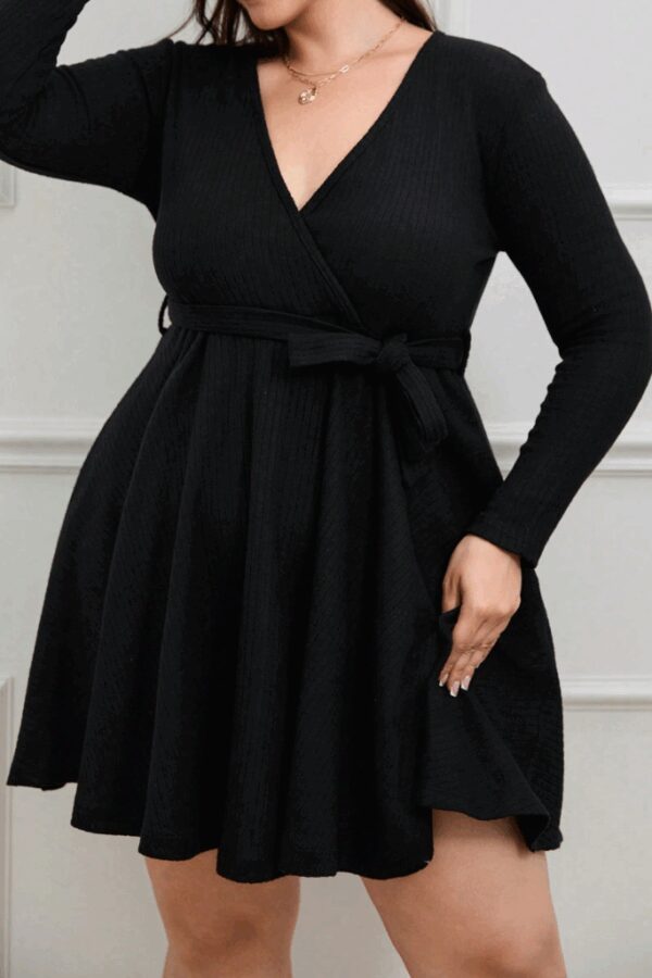 Kadın Uzun Kollu Kruvaze Yaka Kuşak Detay Salaş şardonlu Kaşkorse Mini Elbise