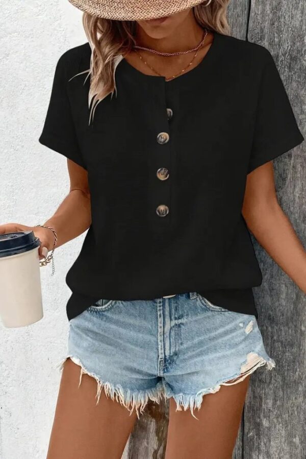 Kadın Kısa Kollu Yakası Açık önden Düğmeli Waffle Bluz