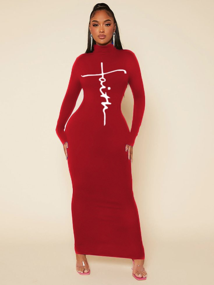 Kadın Uzun Kollu Boğazlı Baskı Detaylı Viskon Tam Boy Elbise - Görsel 3