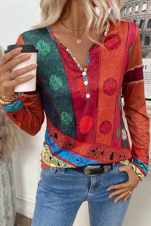 Kadın Uzun Kollu V Yakalı çok Renkli Süprem Bluz