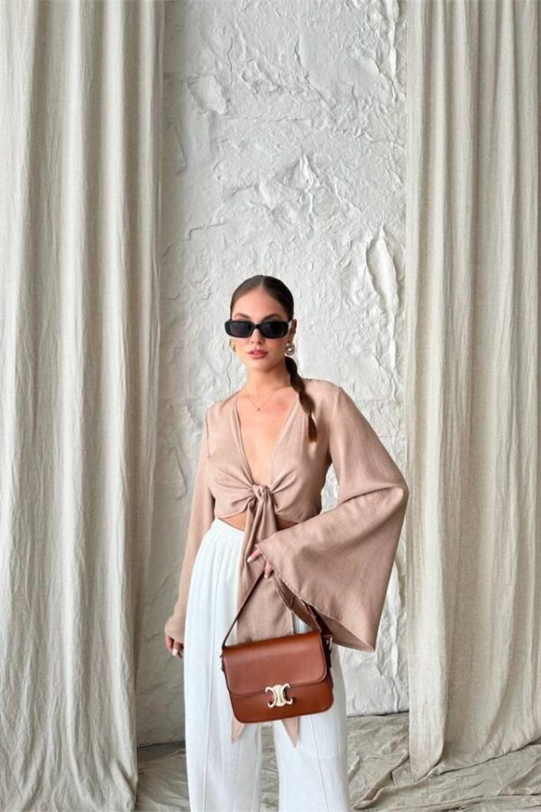 KETEN BAĞLAMA DETAYLI BLUZ İSPANYOL KOL - Mavi