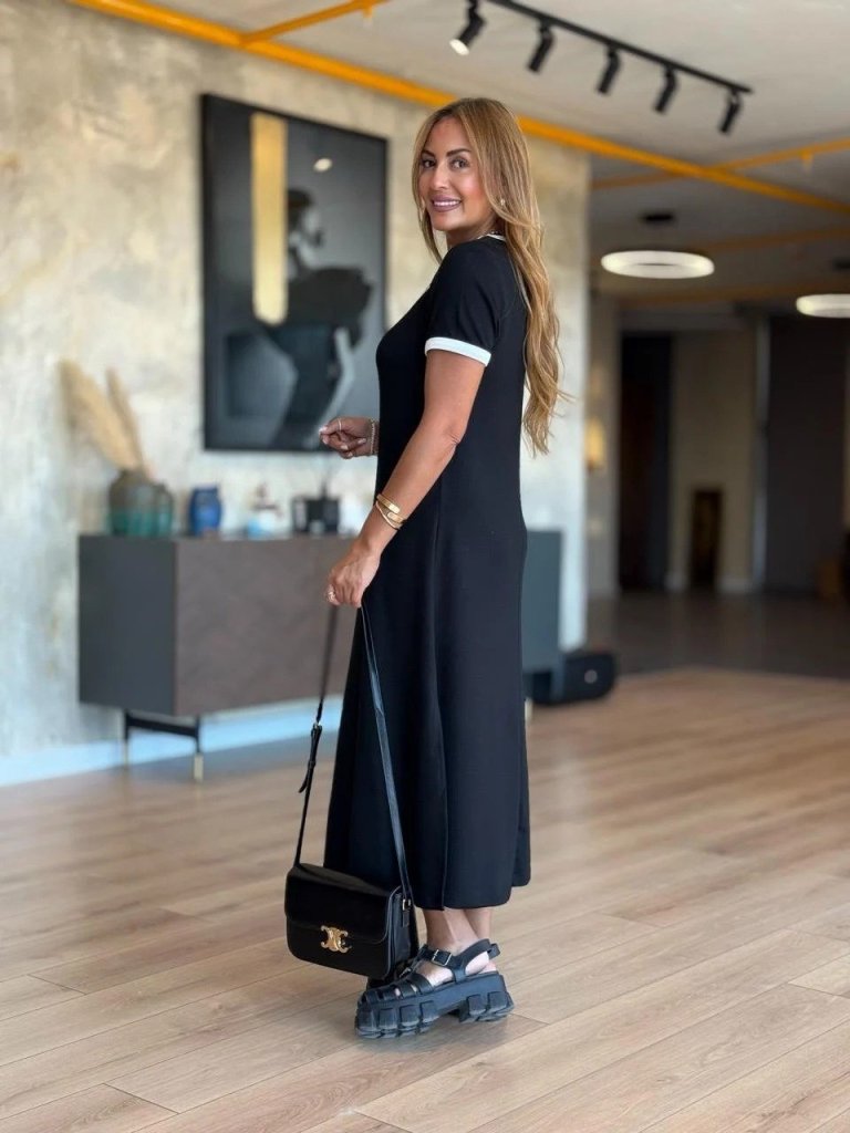 Kadın Kısa Kollu Yuvarlak Yaka Yandan Yırtmaçlı Midi Viskon Elbise - Görsel 5