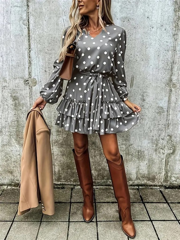 Kadın Uzun Kollu V Yakalı Belden Kuşaklı Puantiyeli Mini Modal Elbise - Görsel 10