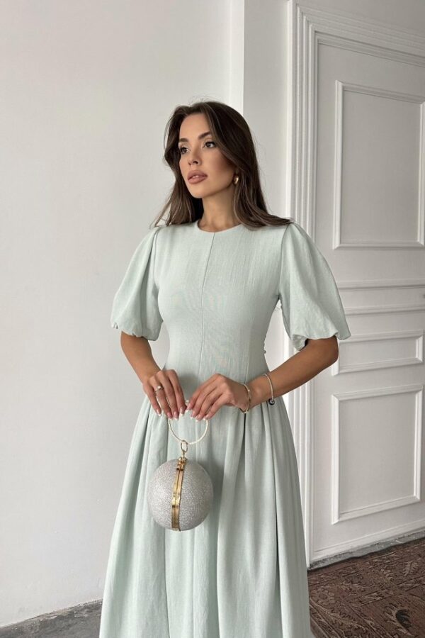 Mint Arkadan Bağlamalı Büzgülü Keten Elbise