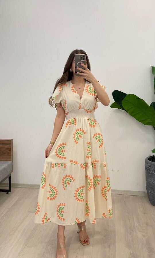 Kadın Keten Kumaş Beli Gipeli V Yaka Maxi Boy Elbise