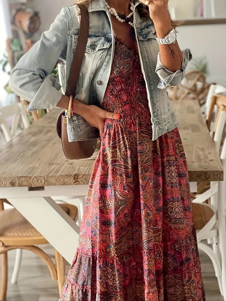 Kadın Kısa Kollu Kruvaze Yakalı Desenli Maksi Boy Süprem Elbise - Görsel 2