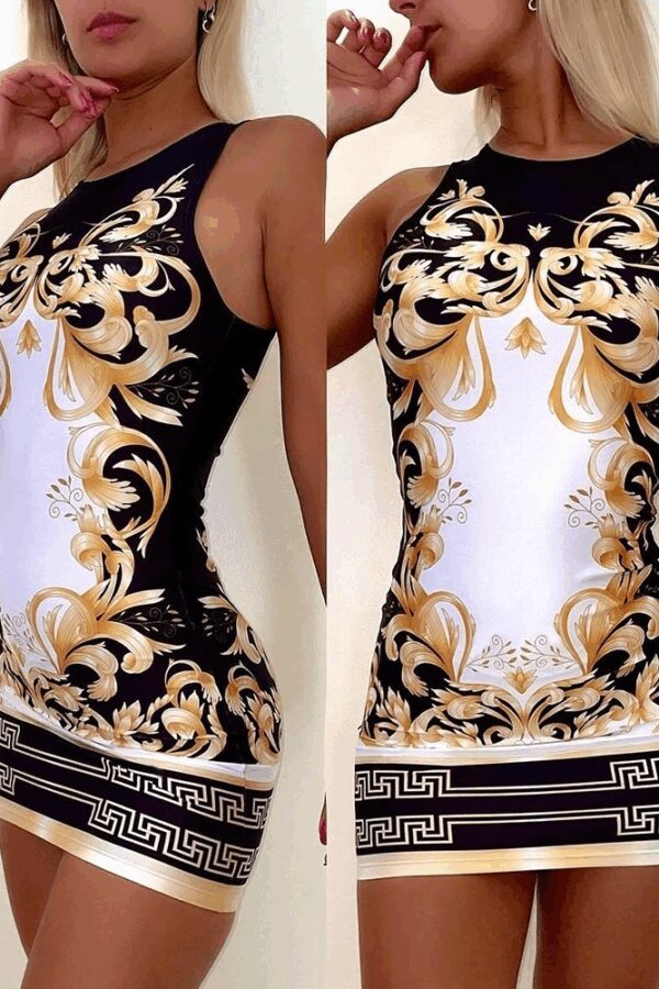 Kadın Sıfır Kollu Bisiklet Yaka Dijital Baskı Dalgıç Mini Elbise