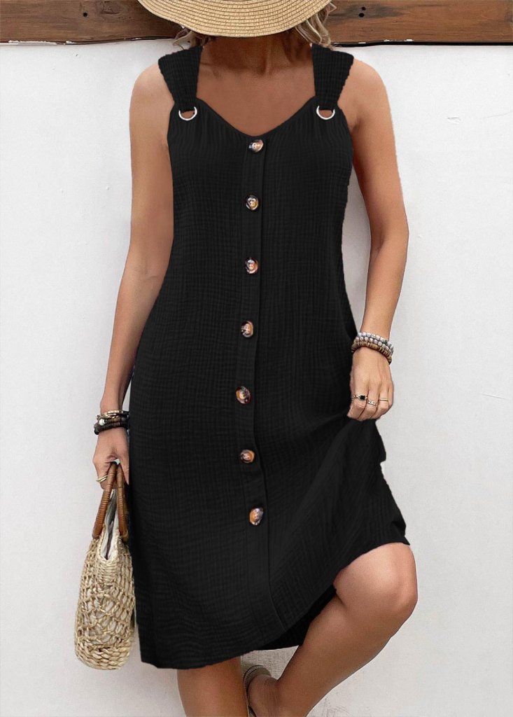 Kadın Askılı V Yakalı önden Düğmeli Narin Elbise - Görsel 4